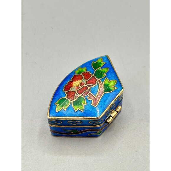 Vintage Cloisonne Trinket Box Blue enamel Flower Design Hinged Small Box - Picture 4 of 11